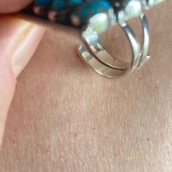 Turquoise In Rows Rectangle Statement Ring  Adjustable Sterling Silver Ring - Picture 4 of 4